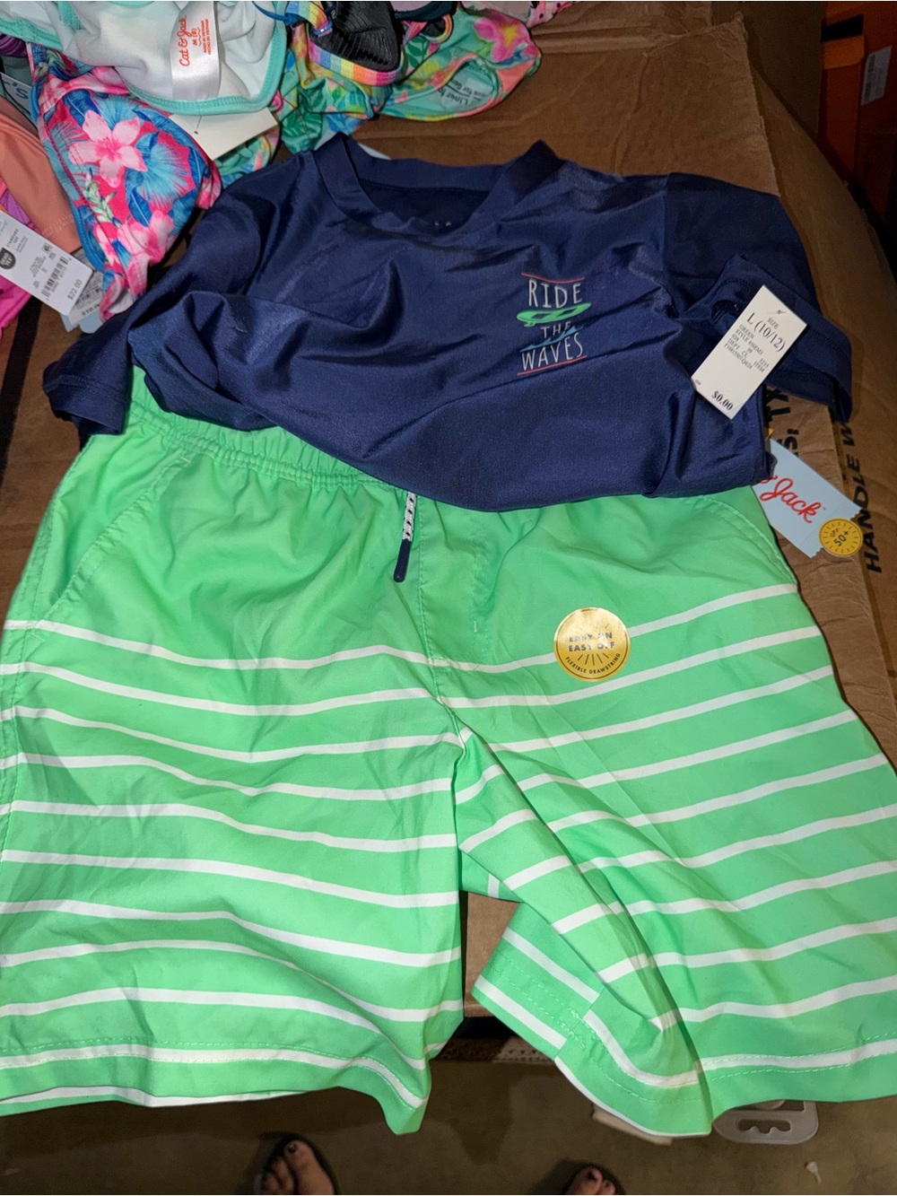 Target Boys' Navy Rash Guard with Green & White Striped Swim Trunks